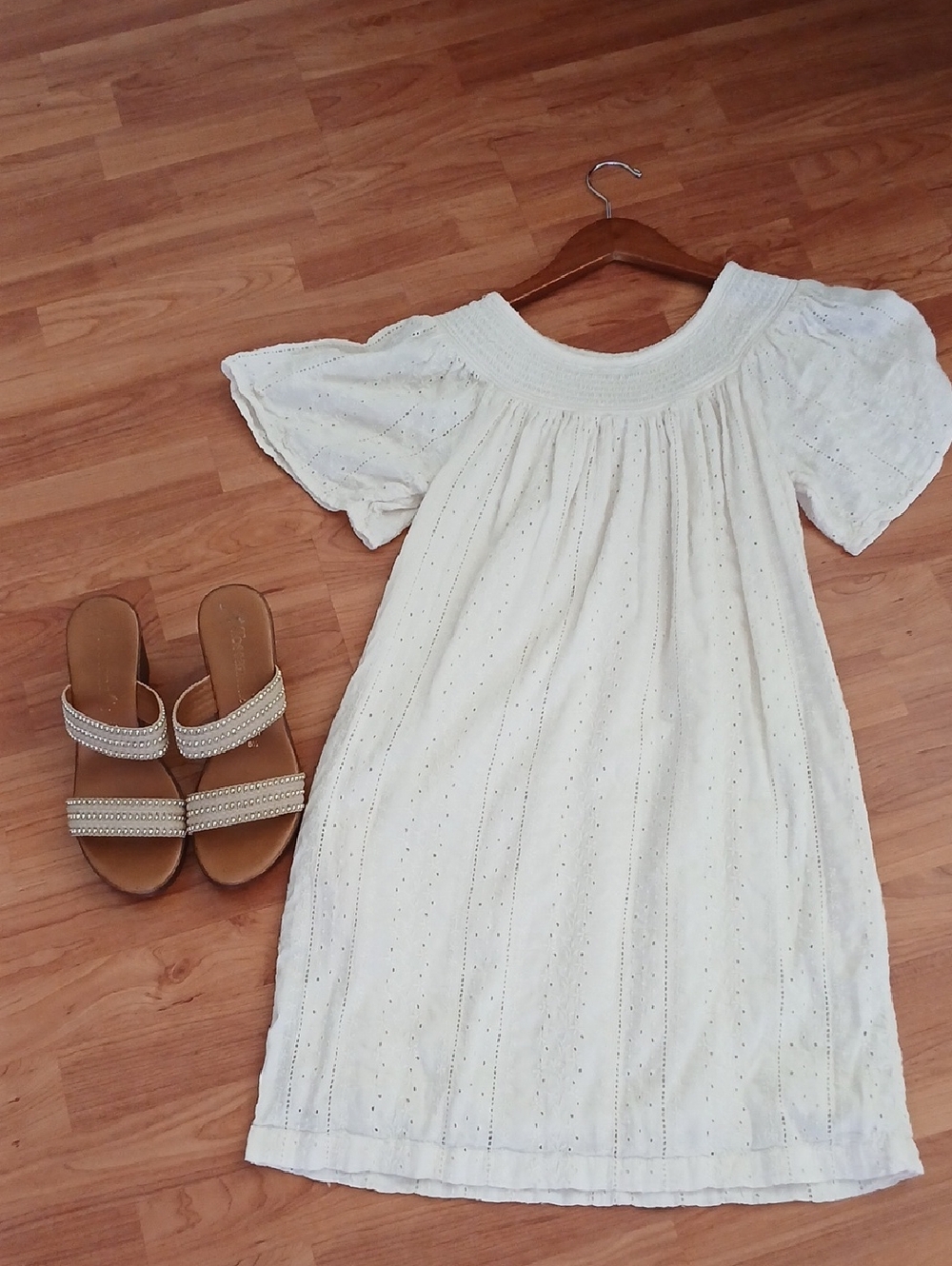 Old Navy White Eyelet Smocked Shoulder Dress
